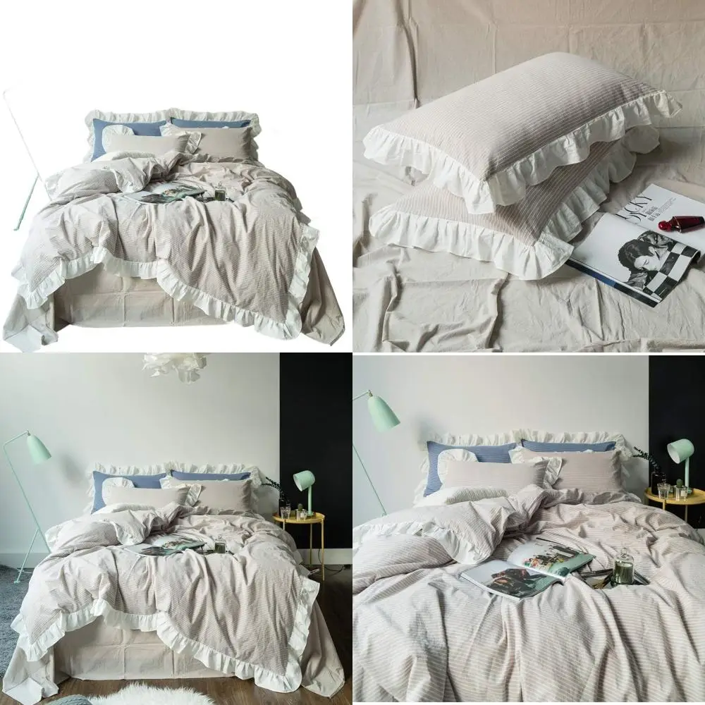 Queen Size Beige Cotton Ruffle Duvet Set with Vintage Stripes and Zipper Closure, 3-Piece Bedding
Queen Size Beige Cotton Ruffle Duvet Set with Vintage Stripes and Zipper Closure, 3-Piece Bedding