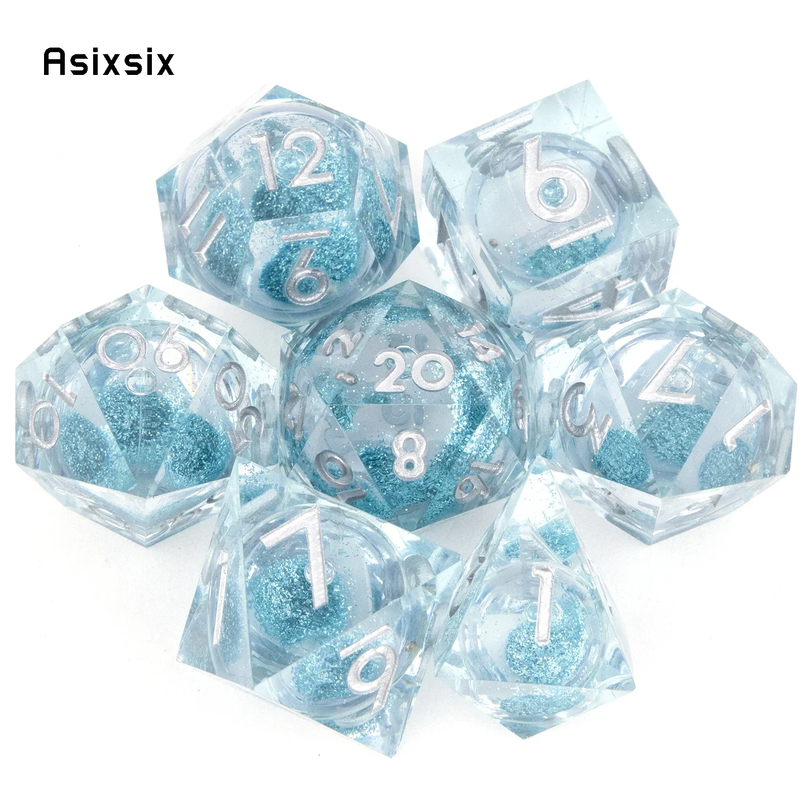 7 Pcs Transparent Blue Resin Flowing Sand White Number Sharp Edge Dice Polyhedral Dice Suitable for RPG Board Game
7 Pcs Transparent Blue Resin Flowing Sand White Number Sharp Edge Dice Polyhedral Dice Suitable for RPG Board Game