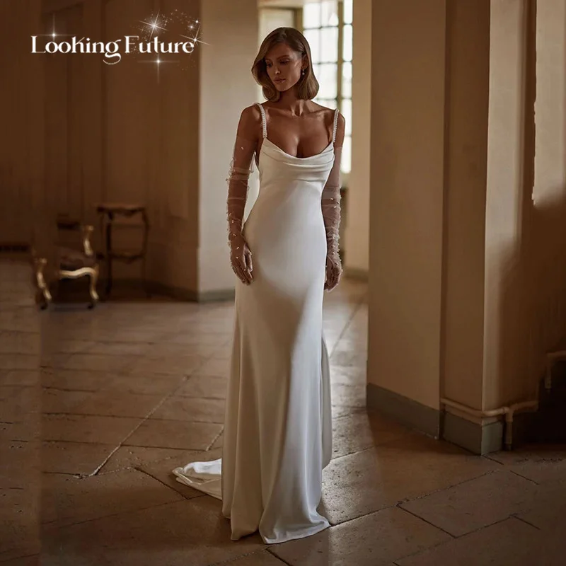 Elegant Satin Mermaid Wedding Dress Sexy Spaghetti Straps Backless Pleate Pearls Bridal Growns Sweep Train Customized 2025
Elegant Satin Mermaid Wedding Dress Sexy Spaghetti Straps Backless Pleate Pearls Bridal Growns Sweep Train Customized 2025