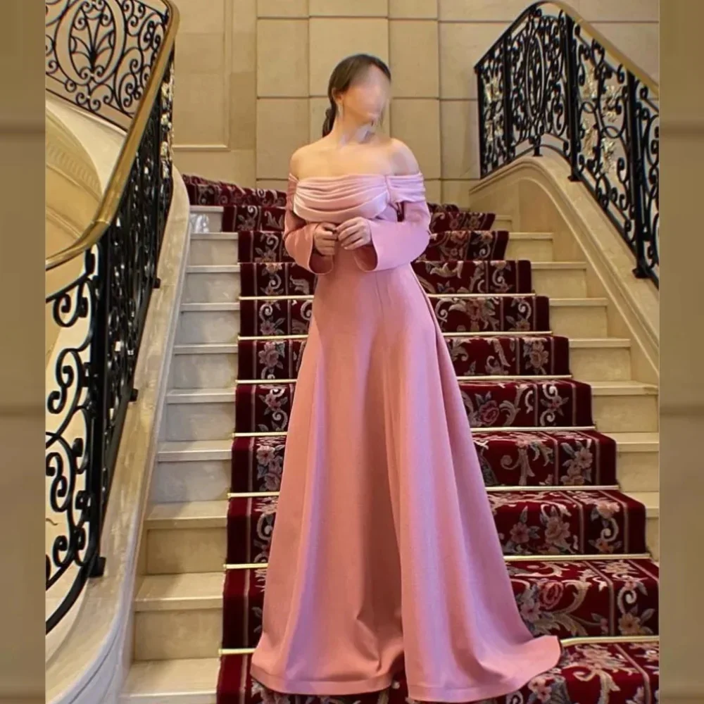 Romantic Pink Evening Dresses Off Shoulder Long Sleeves A Line Women Prom Gowns Sweep Train Customized Wedding Guest Gowns
Romantic Pink Evening Dresses Off Shoulder Long Sleeves A Line Women Prom Gowns Sweep Train Customized Wedding Guest Gowns