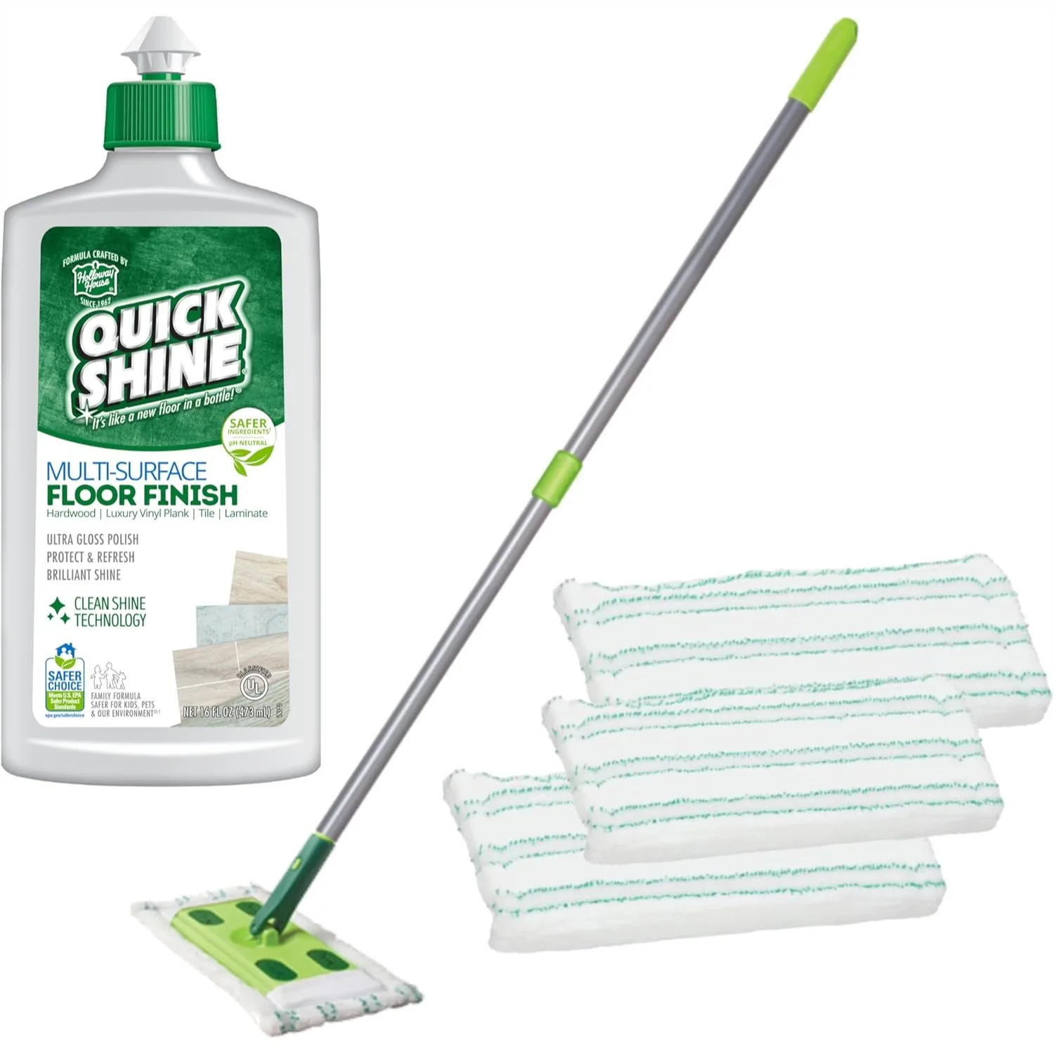 Multi Surface Floor Clean & Polish Mop Kit with 3 Reusable Pads & 16 oz Finish for Hardwood Laminate Vinyl
Multi Surface Floor Clean & Polish Mop Kit with 3 Reusable Pads & 16 oz Finish for Hardwood Laminate Vinyl