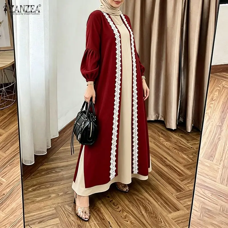 Women Muslim Fashion Cardigan Dresses Hijabs Lace Patchwork Lantern Sleeves Long Dress ZANZEA Modest Casual Loose Robes Femme
Women Muslim Fashion Cardigan Dresses Hijabs Lace Patchwork Lantern Sleeves Long Dress ZANZEA Modest Casual Loose Robes Femme