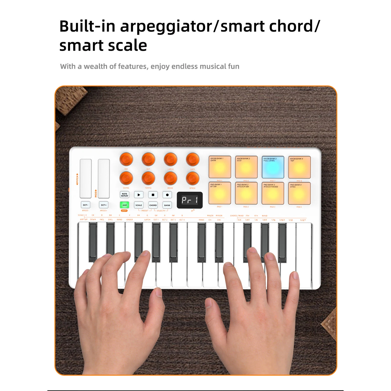 25 Key MIDI Keyboard Controller Multifunctional BT MIDI Pad RGB Backlit Pads Velocity Sensitive Keys Arpeggiator Chord Function
25 Key MIDI Keyboard Controller Multifunctional BT MIDI Pad RGB Backlit Pads Velocity Sensitive Keys Arpeggiator Chord Function