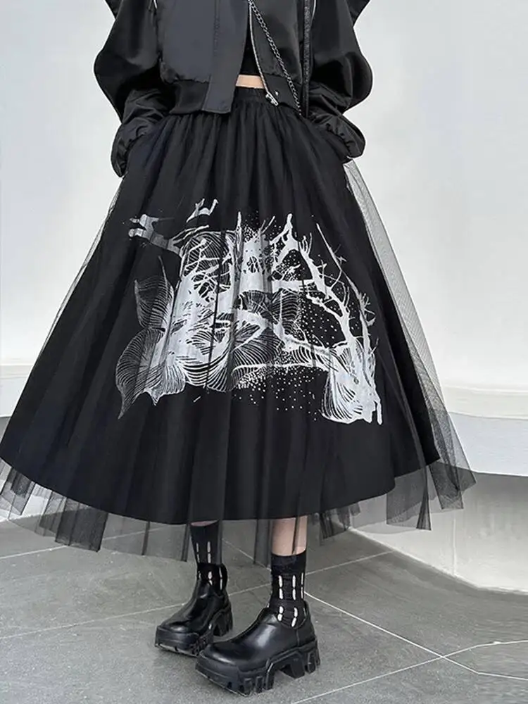 High Elastic Waist Black Printed Mesh Double Layers A-line Half-body Skirt Women Fashion New Spring Autumn 
High Elastic Waist Black Printed Mesh Double Layers A-line Half-body Skirt Women Fashion New Spring Autumn