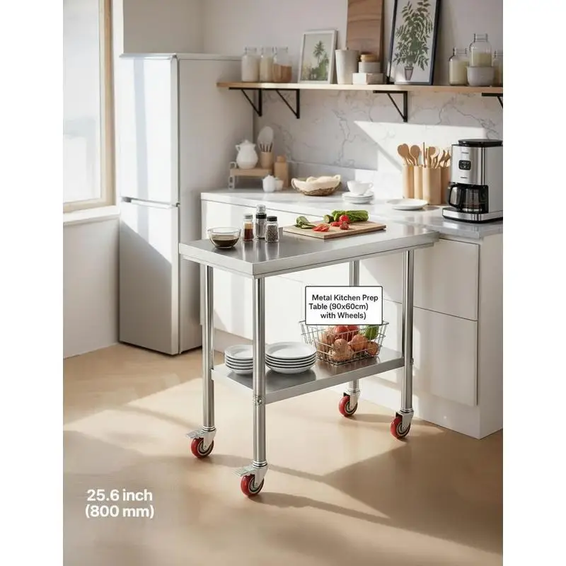 Stainless steel work table/kitchen table (90 x 60 cm) for food preparation with wheels, preparation table with adjustable under-shelf for commercial kitchens, restaurants, hotels, garages, and outdoor use.
Stainless steel work table/kitchen table (90 x 60 cm) for food preparation with wheels, preparation table with adjustable under-shelf for commercial kitchens, restaurants, hotels, garages, and outdoor use.