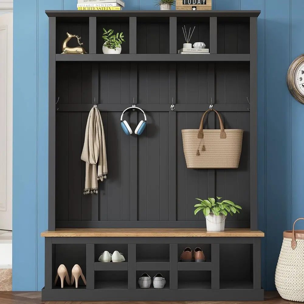 78 Tall Entryway Storage Bench with Shoe Rack and Coat Hooks, Black
78 Tall Entryway Storage Bench with Shoe Rack and Coat Hooks, Black