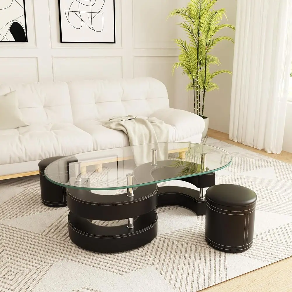 3-Piece Glass Coffee Table Set with S-Shape Base and 2 Leather Stools, Ideal for Living Room or Bedroom, Black
3-Piece Glass Coffee Table Set with S-Shape Base and 2 Leather Stools, Ideal for Living Room or Bedroom, Black