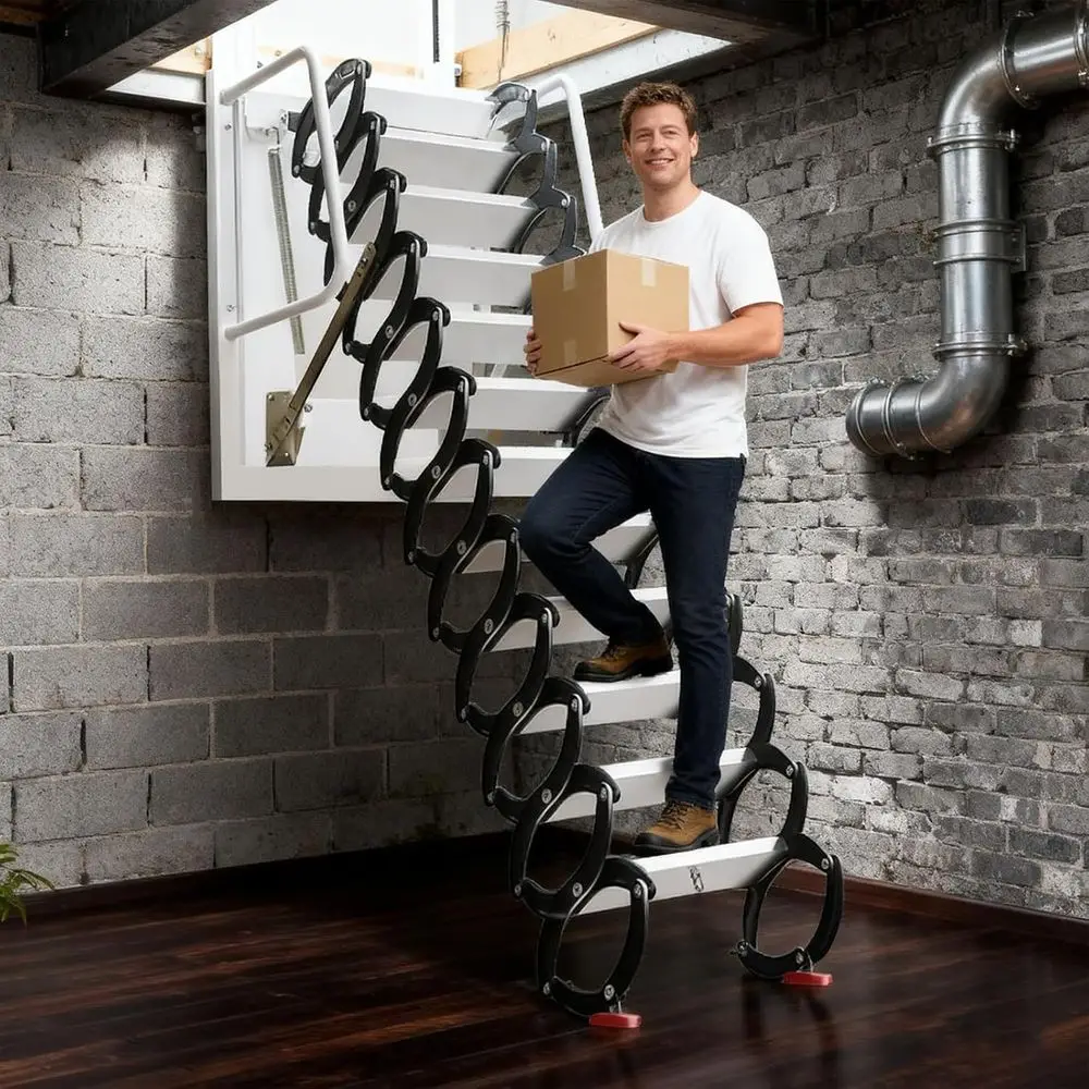 12-Step Telescoping Attic Ladder with Safety Rails, 1102 lbs Capacity, Easy Pull Cord, Suitable for Storage in Attics, Garages,
12-Step Telescoping Attic Ladder with Safety Rails, 1102 lbs Capacity, Easy Pull Cord, Suitable for Storage in Attics, Garages,