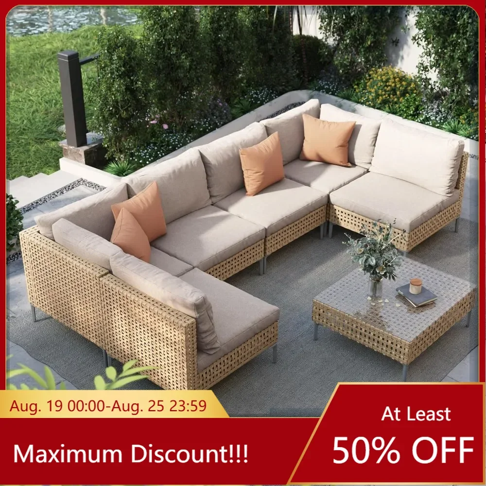 Garden Furniture Sets, 7-piece Wicker Bohemian Outdoor Living Room Set with Waterproof Thick Cushions and Coffee Table, Beige
Garden Furniture Sets, 7-piece Wicker Bohemian Outdoor Living Room Set with Waterproof Thick Cushions and Coffee Table, Beige