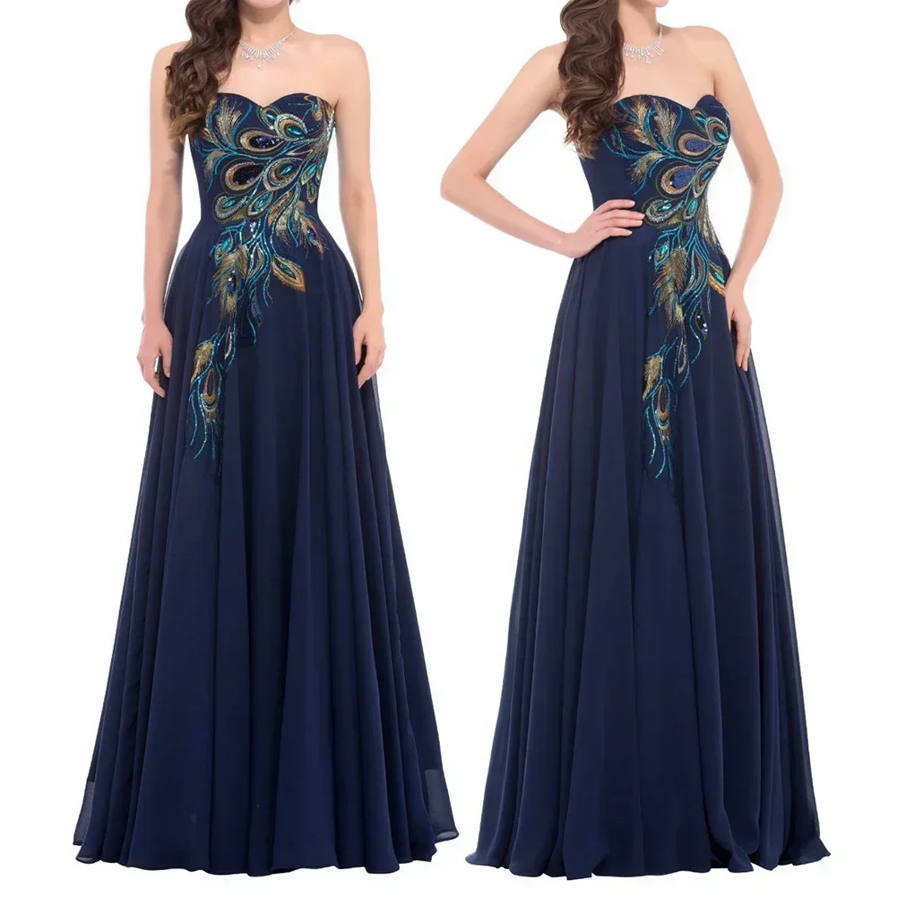 Women's Peacock Embroidery Tube Top Evening Party Dress Ladies Sleeveless Temperament Chiffon Mopping Dresses Charming
Women's Peacock Embroidery Tube Top Evening Party Dress Ladies Sleeveless Temperament Chiffon Mopping Dresses Charming