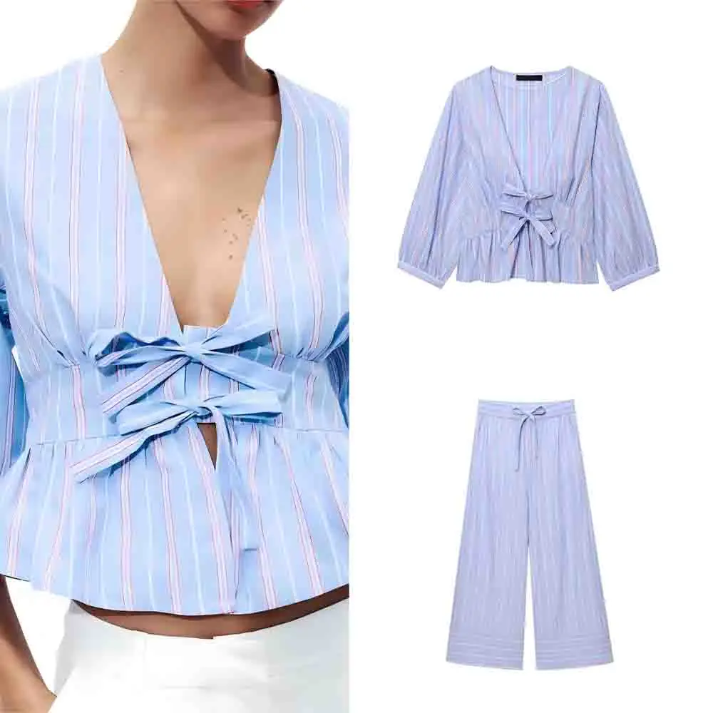 Women's New Fashion bow decoration Casual seven quarter sleeve striped shirt retro V-neck women's shirt chic top+Pants suit
Women's New Fashion bow decoration Casual seven quarter sleeve striped shirt retro V-neck women's shirt chic top+Pants suit