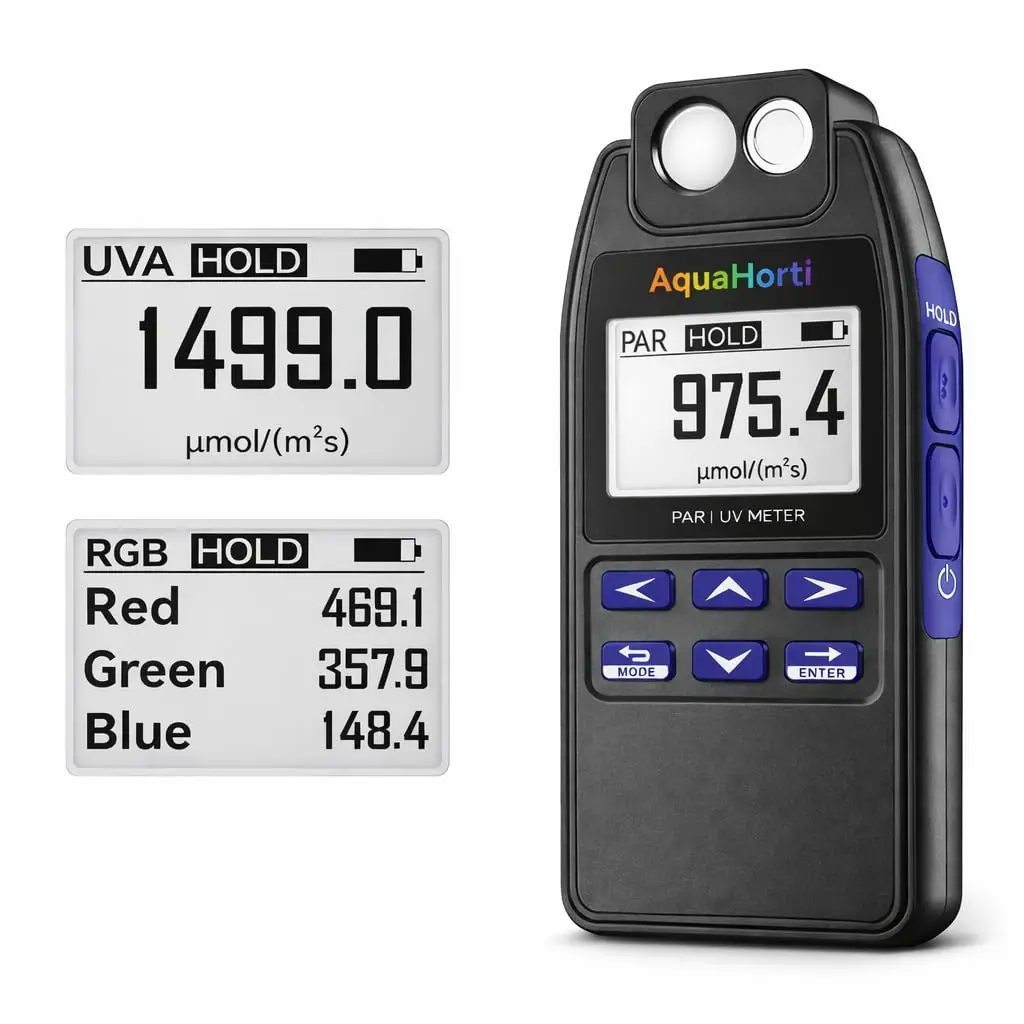 PAR Meter for Grow Lights, PPFD Meter 400-750nm with UVA, RGB Breakdown, Data Logging for Light Distribution
PAR Meter for Grow Lights, PPFD Meter 400-750nm with UVA, RGB Breakdown, Data Logging for Light Distribution