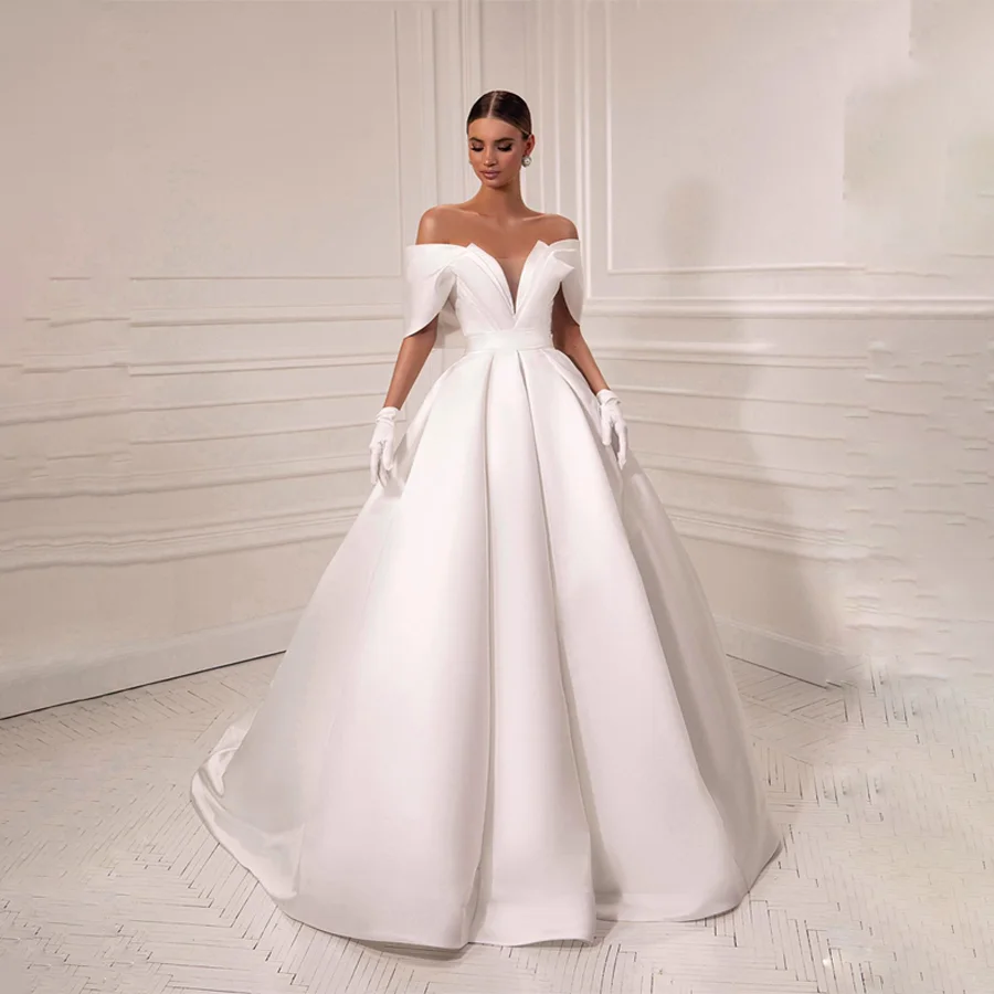 Customized Unique Off-Shoulder Cap Sleeve Satin Wedding Gown A-Line Backless Puff Skirt And Zipper Luxury Evening Dress
Customized Unique Off-Shoulder Cap Sleeve Satin Wedding Gown A-Line Backless Puff Skirt And Zipper Luxury Evening Dress