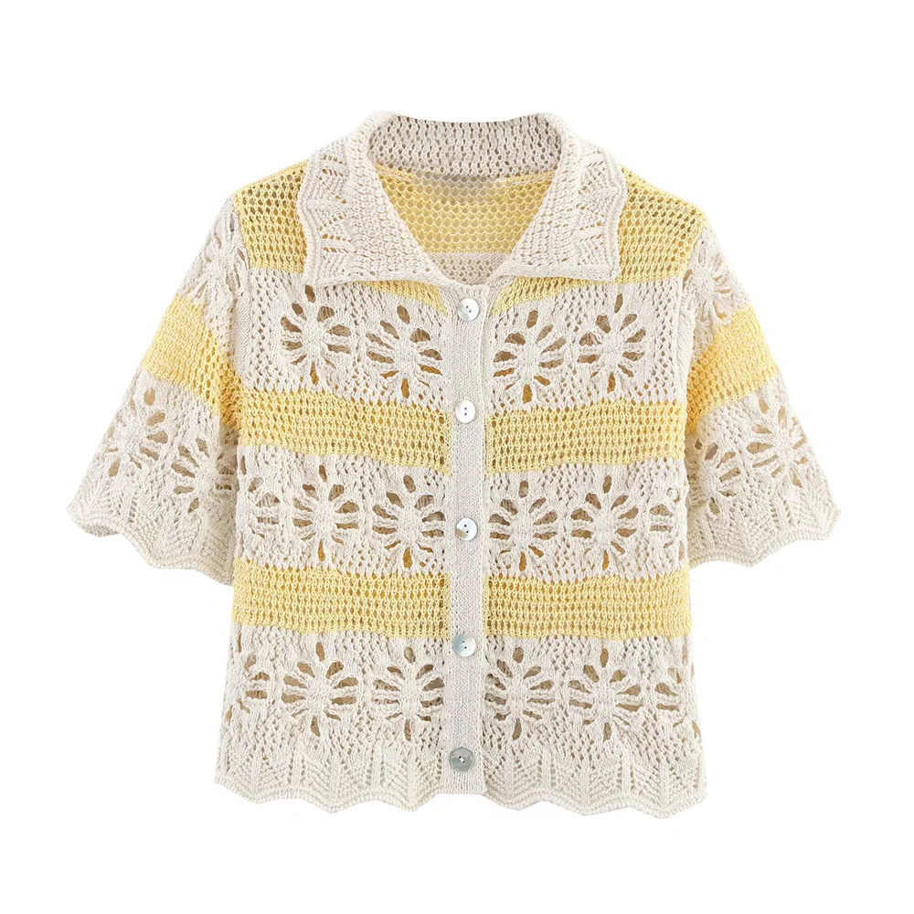 Taop&Za Women's Jacquard Mesh Splicing Color Contrasting Collar Knitted Shirt Summer New Short Sleeve Single breasted Top
Taop&Za Women's Jacquard Mesh Splicing Color Contrasting Collar Knitted Shirt Summer New Short Sleeve Single breasted Top