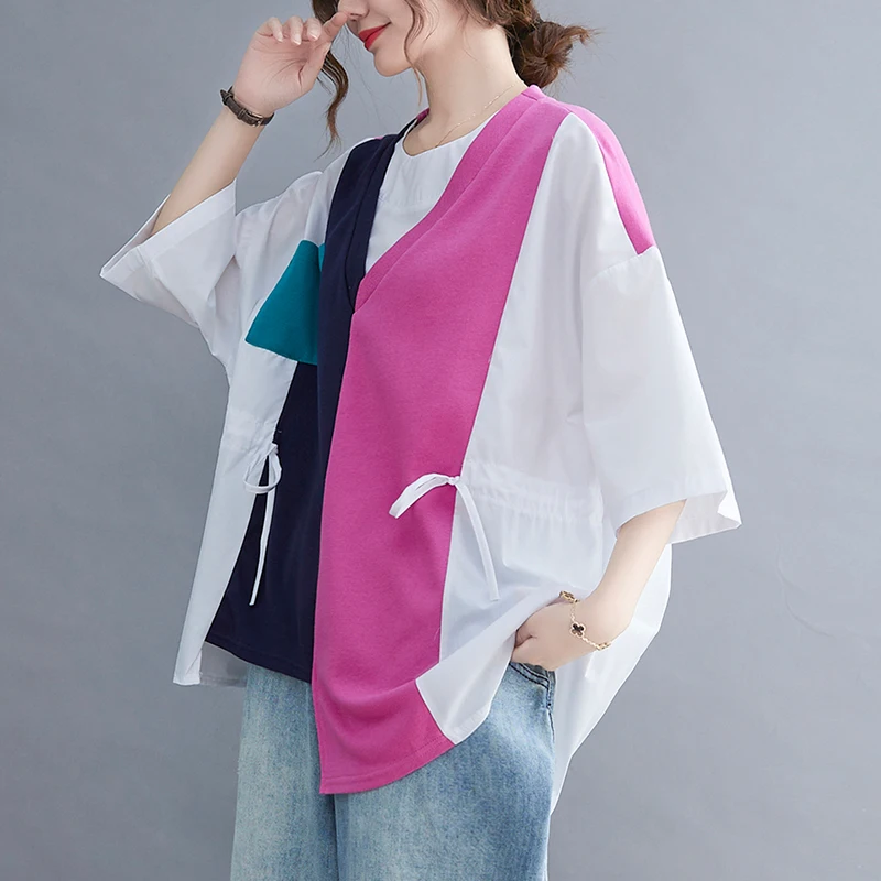 Women's Asymmetrical Patchwork Loose V-Neck Bandage Pulls, Female Tops, Tees Outwear, Summer, Vintage, 2024
Women's Asymmetrical Patchwork Loose V-Neck Bandage Pulls, Female Tops, Tees Outwear, Summer, Vintage, 2024