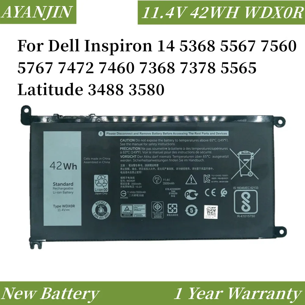 WDXOR 11.4V 42WH Battery For DELL Inspiron 13 5368 5378 14 7460 7472 15 7560 5538 5567 5568 P61F Vostro 14 5468 P61F WDX0R
WDXOR 11.4V 42WH Battery For DELL Inspiron 13 5368 5378 14 7460 7472 15 7560 5538 5567 5568 P61F Vostro 14 5468 P61F WDX0R