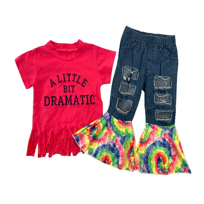 Wholesale children clothes short sleeve tassel top jeans tie dye bell pant girls clothing sets
Wholesale children clothes short sleeve tassel top jeans tie dye bell pant girls clothing sets