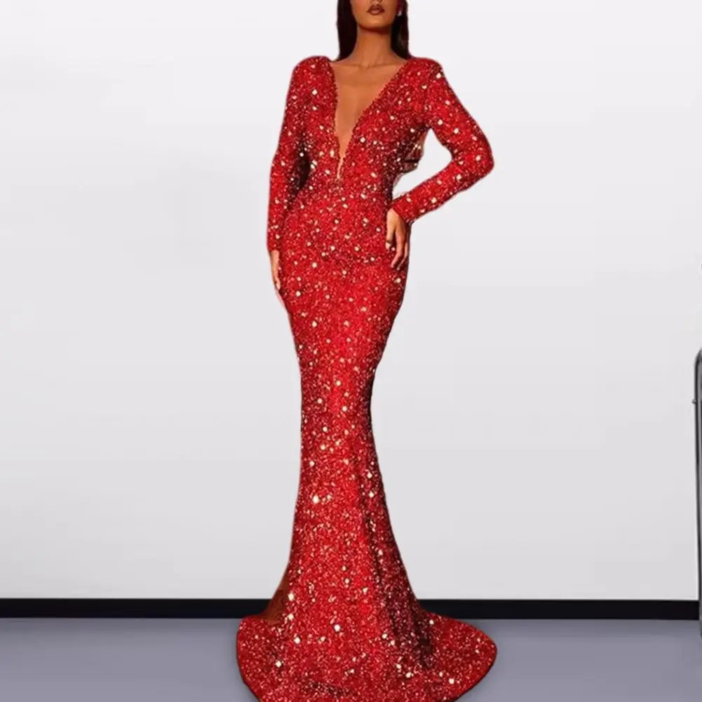 Women Fishtail Dress Elegant Sequin Evening Dress with Deep V Neck Fishtail Hem Women's Slim Fit Maxi Dress with Long Sleeves
Women Fishtail Dress Elegant Sequin Evening Dress with Deep V Neck Fishtail Hem Women's Slim Fit Maxi Dress with Long Sleeves
