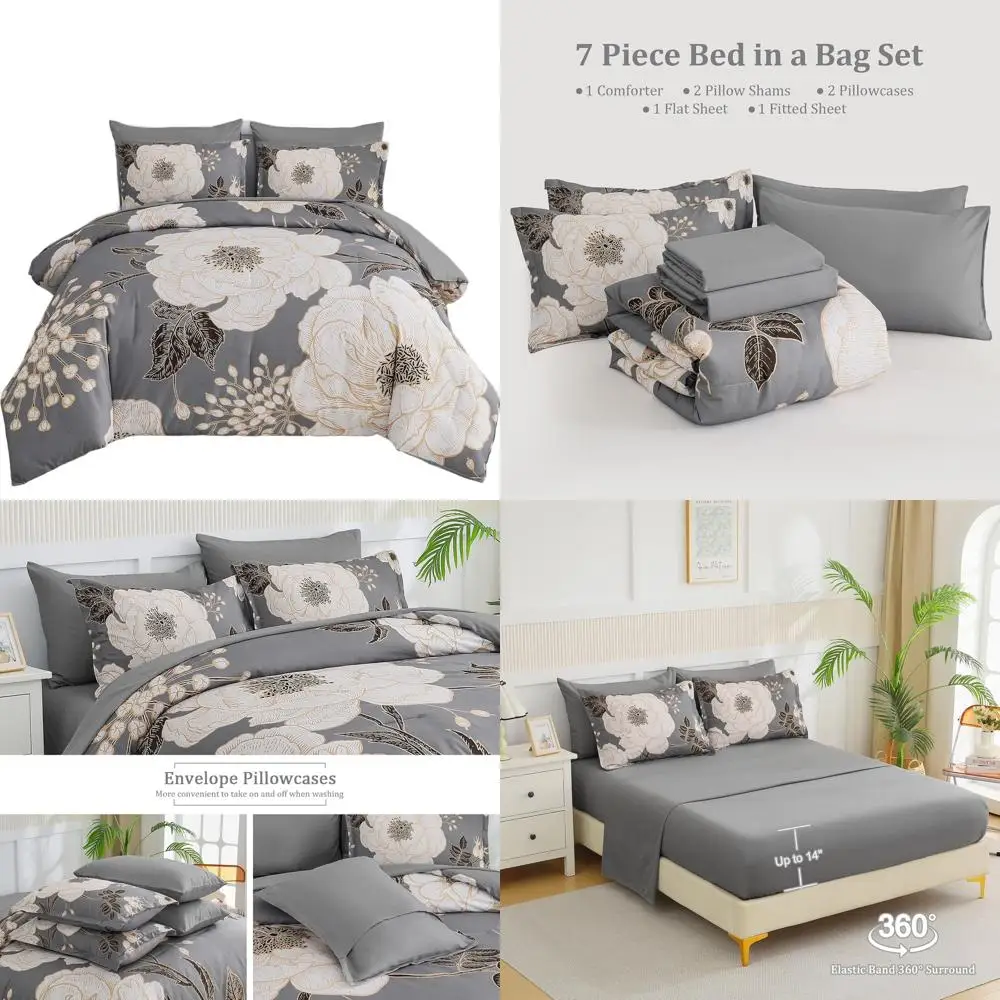 7-Piece Floral Queen Bedding Set with Grey and White Flower Print, Reversible Comforter and Sheets, 90x90
7-Piece Floral Queen Bedding Set with Grey and White Flower Print, Reversible Comforter and Sheets, 90x90