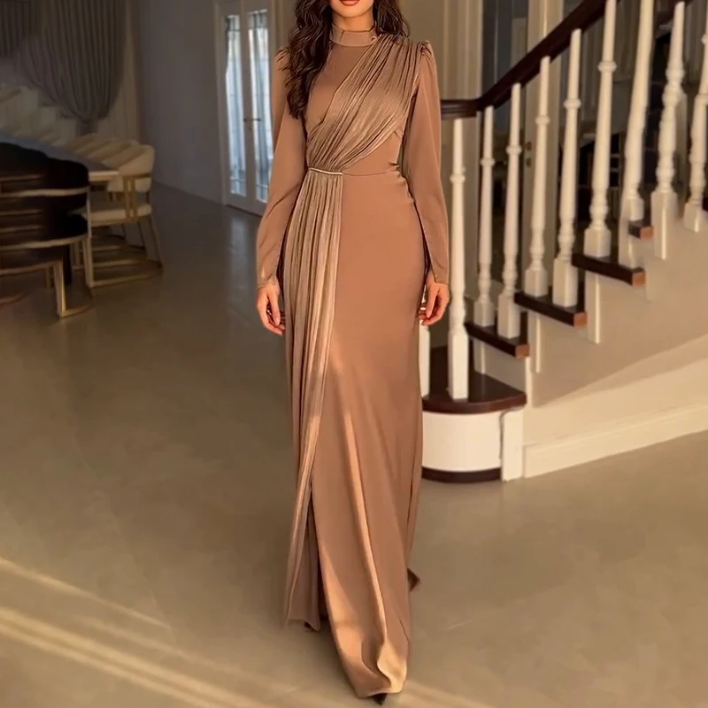 Fashion High Waist Solid Women Long Dress Elegant Long Sleeve Slim Boho Dress 2025 Spring Half High Collar Pleated Evening Dress
Fashion High Waist Solid Women Long Dress Elegant Long Sleeve Slim Boho Dress 2025 Spring Half High Collar Pleated Evening Dress