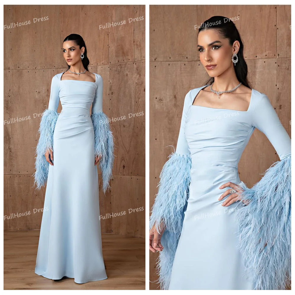 Custom Made Fashion Square Collar Long Sleeve Feathers Saudi Dress Sheath Maxi Length Backless Evening Party Gown with Court
Custom Made Fashion Square Collar Long Sleeve Feathers Saudi Dress Sheath Maxi Length Backless Evening Party Gown with Court