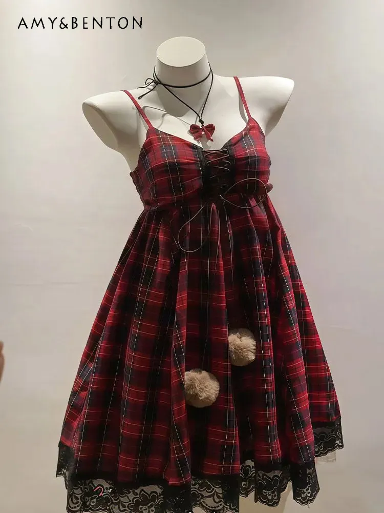 2026 Summer Women's Japanese Retro Style Red Lace Splice Plaid V-neck Camisole Short Mini Dress for Vacation Daily Wear
2026 Summer Women's Japanese Retro Style Red Lace Splice Plaid V-neck Camisole Short Mini Dress for Vacation Daily Wear