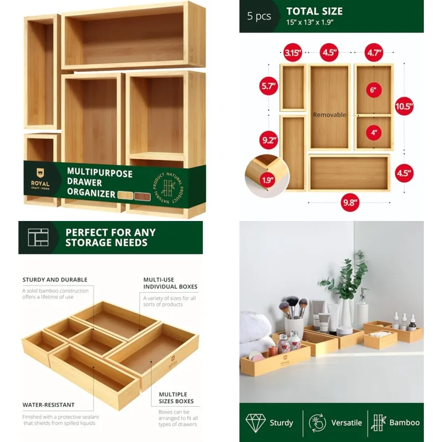 5-Piece Bamboo Drawer Organizer Set Multi-Use Storage Trays for Kitchen, Bathroom, Office, Makeup, Jewelry More Junk Drawer Tra
5-Piece Bamboo Drawer Organizer Set Multi-Use Storage Trays for Kitchen, Bathroom, Office, Makeup, Jewelry More Junk Drawer Tra