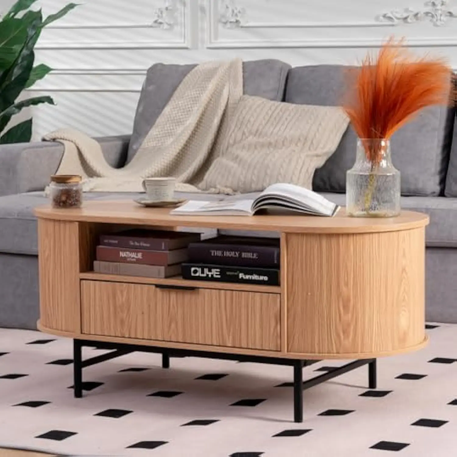 Modern Fluted Coffee Table, 43.3'' Modern Oval Coffee Table with Drawer, Curved Wooden Coffee Table with Black Metal Legs for L
Modern Fluted Coffee Table, 43.3'' Modern Oval Coffee Table with Drawer, Curved Wooden Coffee Table with Black Metal Legs for L