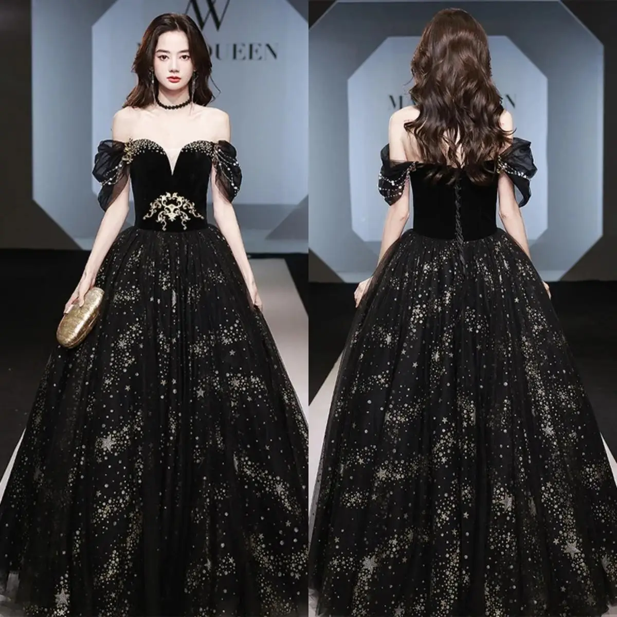 Evening Dress Black Bling Tulle Short Sleeves Appliques Floor Length Boat Neck Plus size Customized Woman Formal Party Ball Gown
Evening Dress Black Bling Tulle Short Sleeves Appliques Floor Length Boat Neck Plus size Customized Woman Formal Party Ball Gown