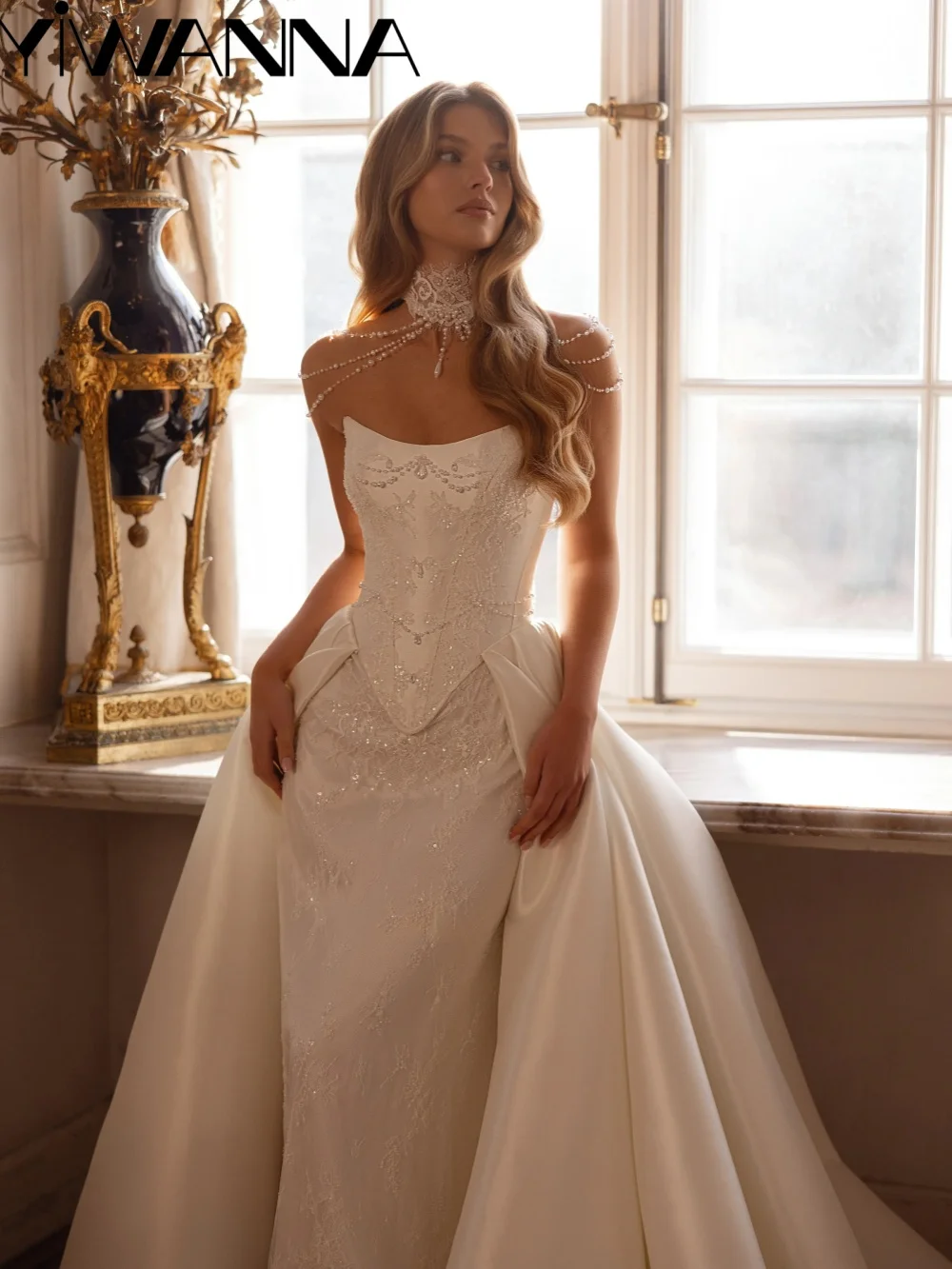 Detachable Train Beaded Lace Wedding Dress Exquisite Strapless Satin Bridal Gown Customized Dreamy Mermaid Dresses For Bride
Detachable Train Beaded Lace Wedding Dress Exquisite Strapless Satin Bridal Gown Customized Dreamy Mermaid Dresses For Bride