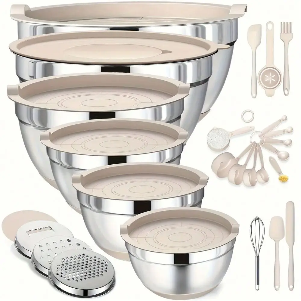 Mixing Bowls With Airtight Lids Set, 26PCS Stainless Steel Khaki Bowls With Grater Attachments, NonSlip Bottoms Kitchen Gadgets
Mixing Bowls With Airtight Lids Set, 26PCS Stainless Steel Khaki Bowls With Grater Attachments, NonSlip Bottoms Kitchen Gadgets