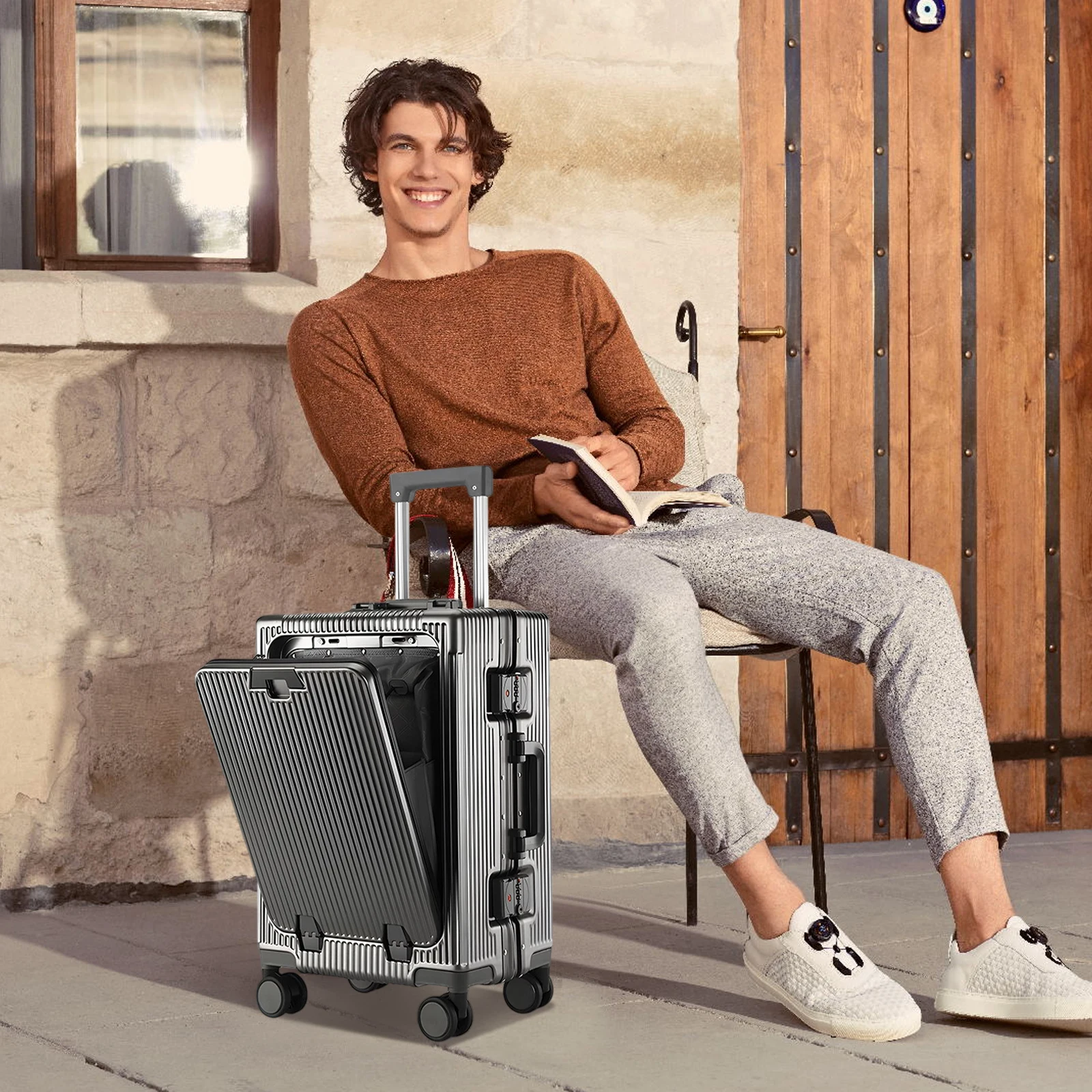 20 Inch Front Open Luggage Lid Pull Rod Aluminum Frame Large Capacity USB Charging With Cup Holder For Laptop Storage Password
20 Inch Front Open Luggage Lid Pull Rod Aluminum Frame Large Capacity USB Charging With Cup Holder For Laptop Storage Password