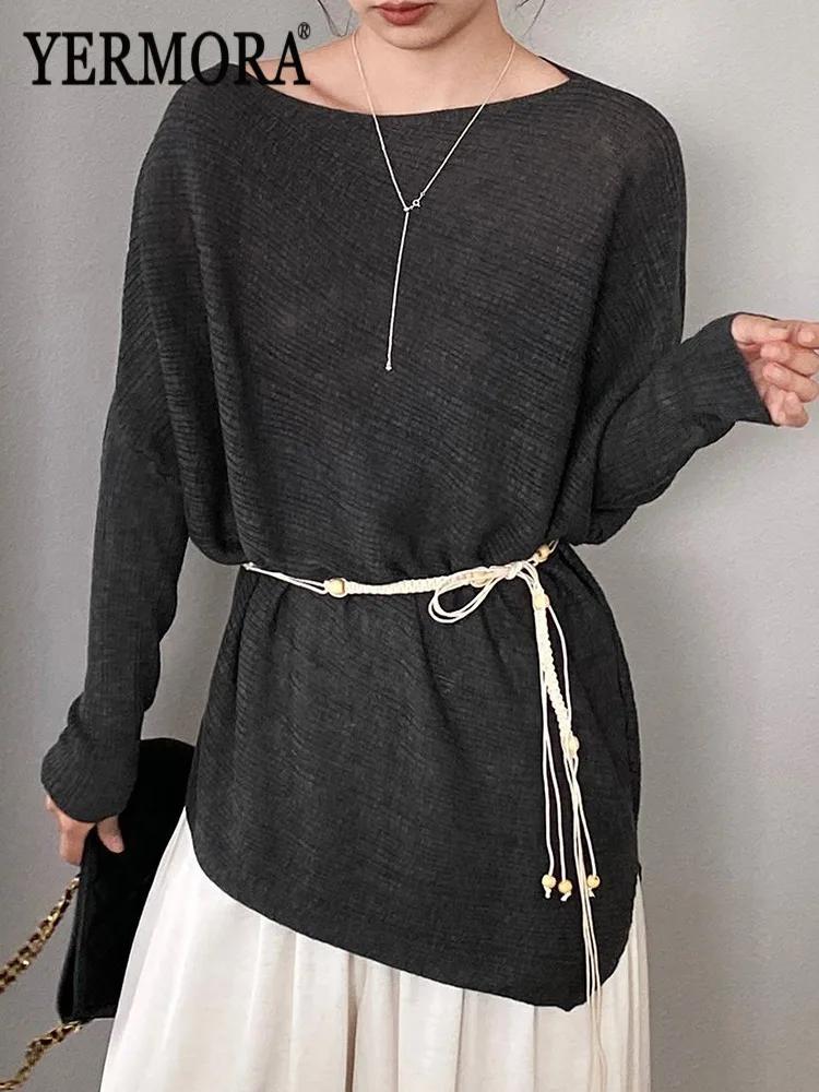 YERMORA Women's Gray Belted Irregular Casual Thin Pullover Long Sleeve Loose New Sweater Fashion Tide Spring Summer 2026
YERMORA Women's Gray Belted Irregular Casual Thin Pullover Long Sleeve Loose New Sweater Fashion Tide Spring Summer 2026