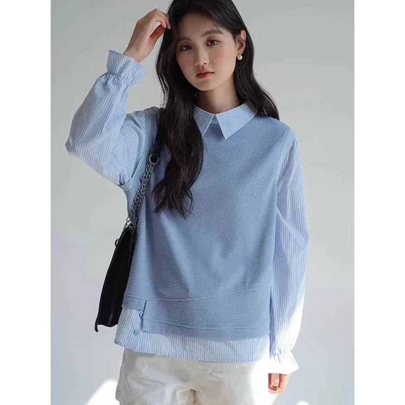 Женская синяя блузка в полоску с лоскутным узором, повседневная, из вафельного трикотажа, с длинными рукавами-фонариками
Женская синяя блузка в полоску с лоскутным узором, повседневная, из вафельного трикотажа, с длинными рукавами-фонариками