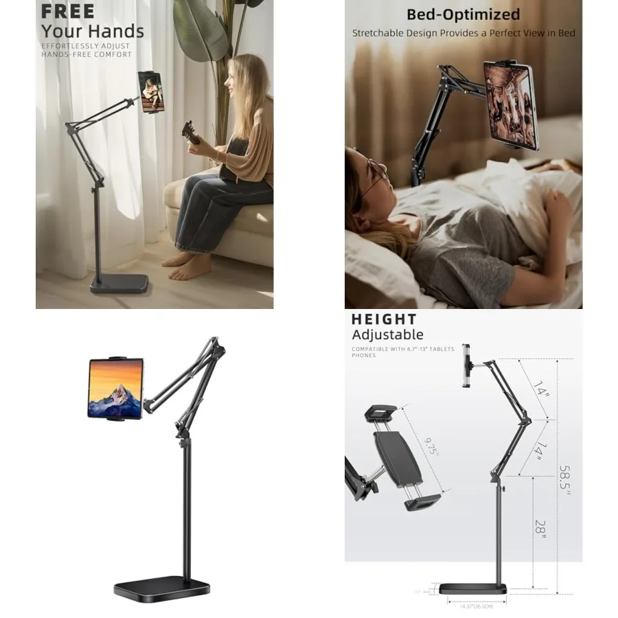 Tablet Floor Stand with 11lb Stable Base - Adjustable Height Stretchable Arm Swivel Holder Mount, Compatible with iPad Pro Air Mini 12.9/9.7, Kindle, Galaxy Tab, Cell Phones (4.7''-13'')
Tablet Floor Stand with 11lb Stable Base - Adjustable Height Stretchable Arm Swivel Holder Mount, Compatible with iPad Pro Air Mini 12.9/9.7, Kindle, Galaxy Tab, Cell Phones (4.7''-13'')