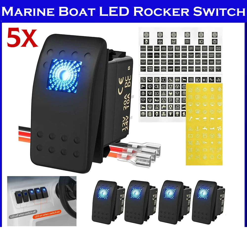 5Pcs 12V 24V Waterproof Marine Boat Rocker Switch Blue LED Lighted Car Truck RV Toggle Switch Panel DIY with Sticker Terminals
5Pcs 12V 24V Waterproof Marine Boat Rocker Switch Blue LED Lighted Car Truck RV Toggle Switch Panel DIY with Sticker Terminals
