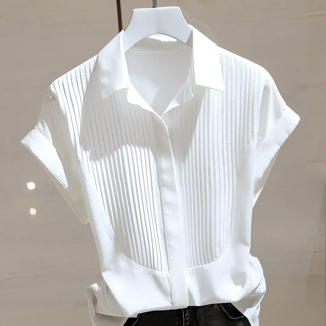 White Pleated Blouse Women Short Sleeve Turn Down Collar Loose Fit Casual Summer Lightweight Chiffon Top
White Pleated Blouse Women Short Sleeve Turn Down Collar Loose Fit Casual Summer Lightweight Chiffon Top