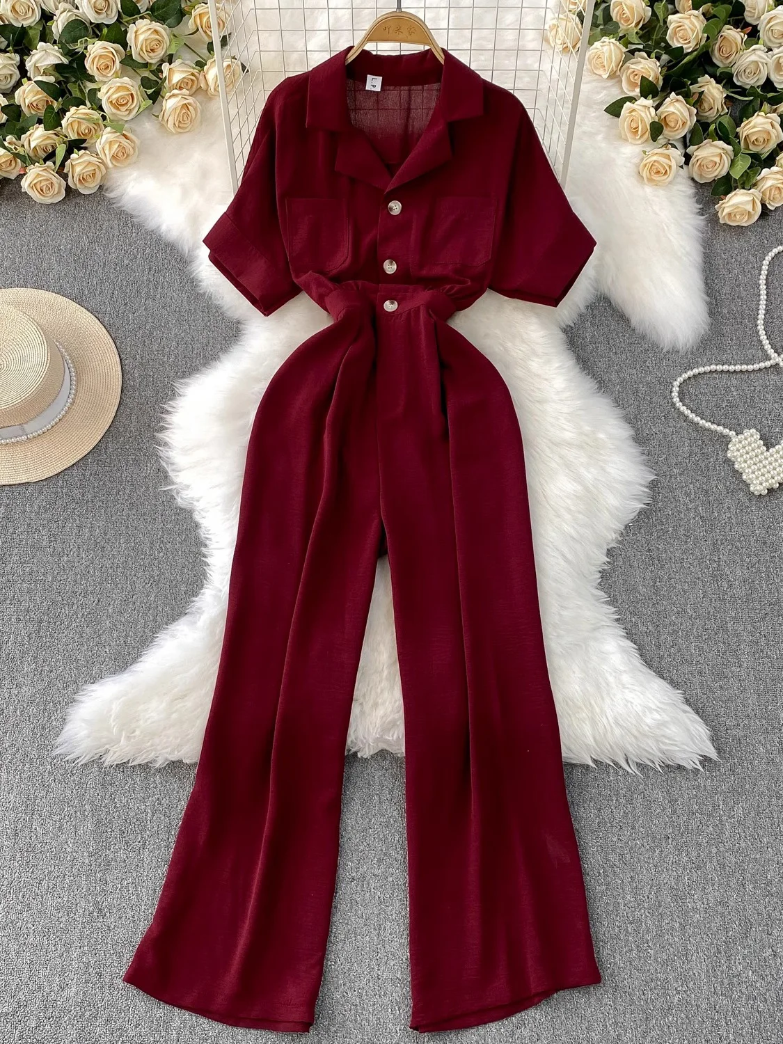 Summer Women Burgundy/Blue/Pink/Brown Wide Leg Jumpsuits Elegant Notched Collar Single Breasted Short Sleeve Romper Female New
Summer Women Burgundy/Blue/Pink/Brown Wide Leg Jumpsuits Elegant Notched Collar Single Breasted Short Sleeve Romper Female New