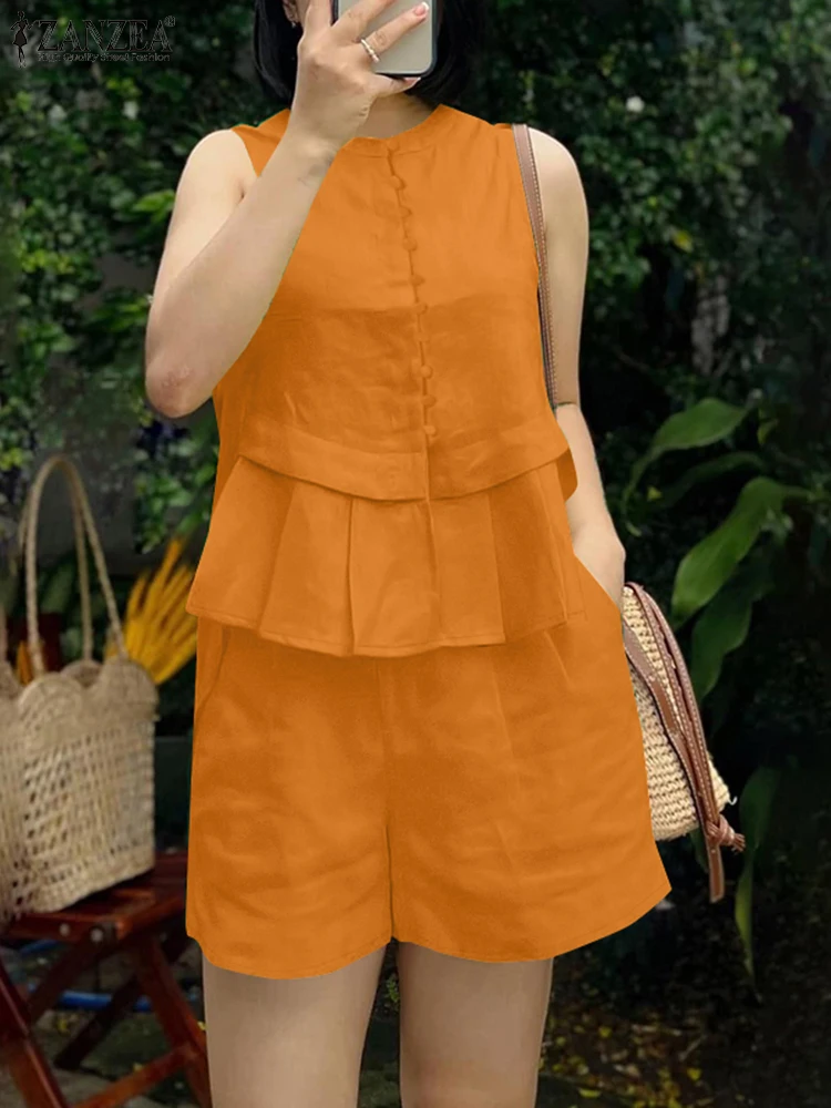ZANZEA Summer Fashion 2PCS Outfits Commute Solid Pleated Hem Sleeveless Tops Elastic Waist Shorts Casual Suit Woman 2 Piece Sets
ZANZEA Summer Fashion 2PCS Outfits Commute Solid Pleated Hem Sleeveless Tops Elastic Waist Shorts Casual Suit Woman 2 Piece Sets