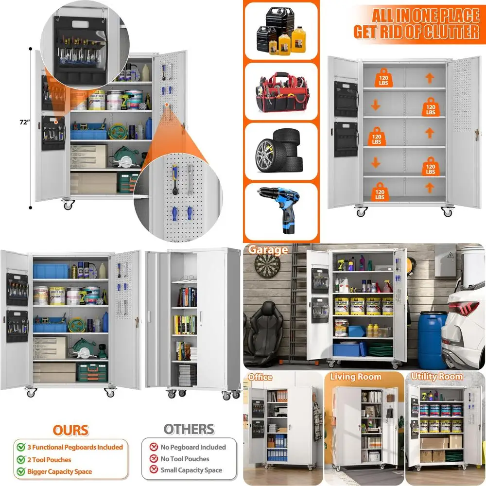 Extra Large Garage Storage Cabinet on Wheels, Metal Storage Cabiwith 4 Adjustable Shelves, 3 Pegboards and 2 Tool Pouches or Hom
Extra Large Garage Storage Cabinet on Wheels, Metal Storage Cabiwith 4 Adjustable Shelves, 3 Pegboards and 2 Tool Pouches or Hom
