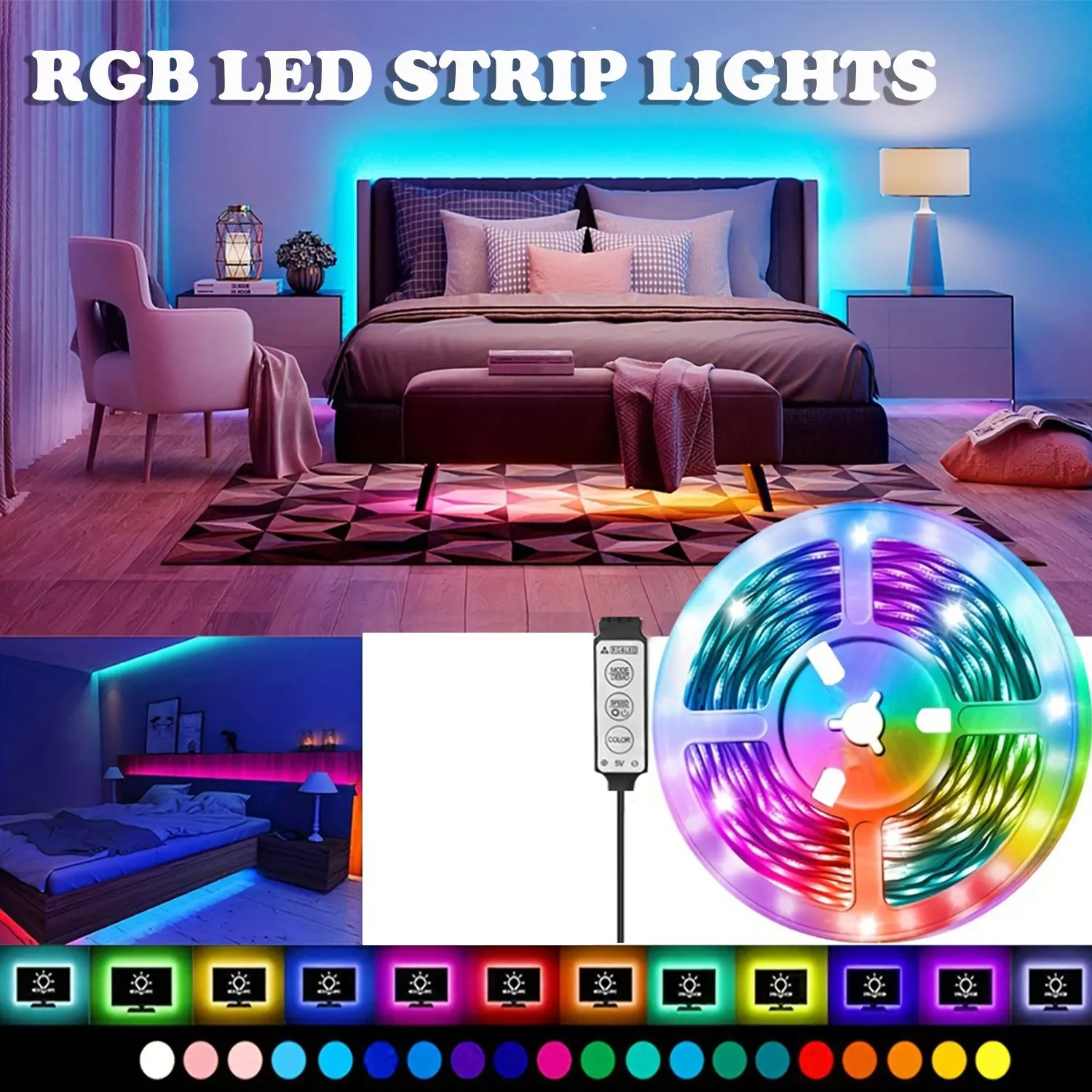 12LEDs/M Led Strip Lights RGB Led Strip Flexible Ribbon with 3Key Control Luces Led Tape Lights for Room Decor TV Backlights