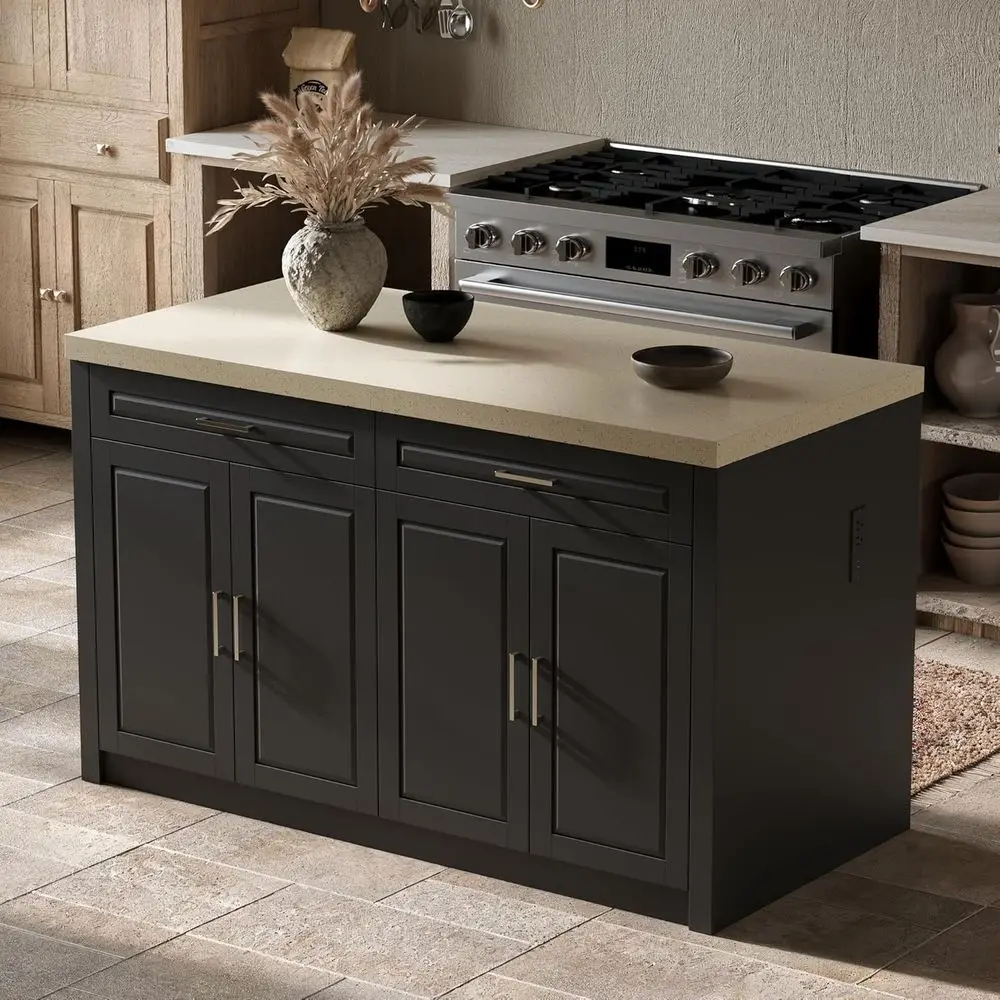 61 W Island with Charging, 2 Drawers, Adjustable Shelves, Kitchen Prep & Dining Table, Black/Beige
61 W Island with Charging, 2 Drawers, Adjustable Shelves, Kitchen Prep & Dining Table, Black/Beige