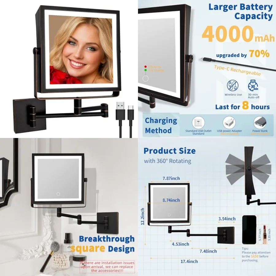 Rechargeable Wall Mounted Makeup Mirror with Lights, Double Sided 1X/10X Magnifying Vanity Mirror with 3 Color Lights, Touch Sc
Rechargeable Wall Mounted Makeup Mirror with Lights, Double Sided 1X/10X Magnifying Vanity Mirror with 3 Color Lights, Touch Sc