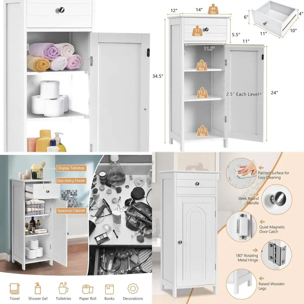 Современный белый напольный шкаф с одной дверцей, выдвижным ящиком и 3 регулируемыми полками для ванной и гостиной
Современный белый напольный шкаф с одной дверцей, выдвижным ящиком и 3 регулируемыми полками для ванной и гостиной