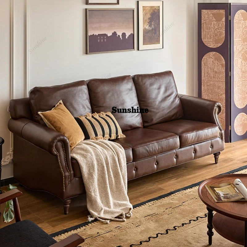 American Sofa Solid Wood Vintage Living Room Modern Minimalist Leather Brown Sofa
American Sofa Solid Wood Vintage Living Room Modern Minimalist Leather Brown Sofa