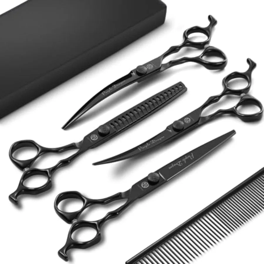 Dog Grooming Scissors Set - Chunkers Straight Up and Down Curved Scissors and Comb 7 Inch Black Shears with Adjustable Screw fo
Dog Grooming Scissors Set - Chunkers Straight Up and Down Curved Scissors and Comb 7 Inch Black Shears with Adjustable Screw fo