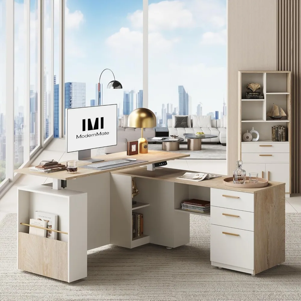 Adjustable L-Shaped Standing Desk with Bookcase and Drawers, 63" Length Executive Electric Desk
Adjustable L-Shaped Standing Desk with Bookcase and Drawers, 63" Length Executive Electric Desk