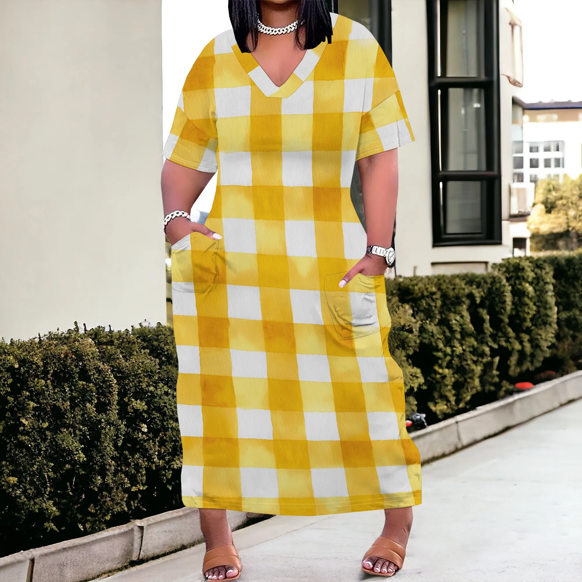 Bright Yellow Checkered Maxi Dress V-Neck Boho Plus Size XL-6XL 2025 New Arrival Casual Summer Picnic Dress
Bright Yellow Checkered Maxi Dress V-Neck Boho Plus Size XL-6XL 2025 New Arrival Casual Summer Picnic Dress