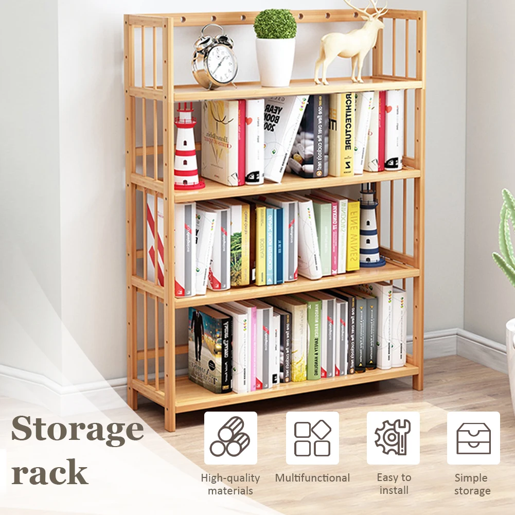 4-Tier Bamboo Shelf Large Capacity Simple Bookcase Multi-Function Storage Display Rack for Bathroom Kitchen Living Room
