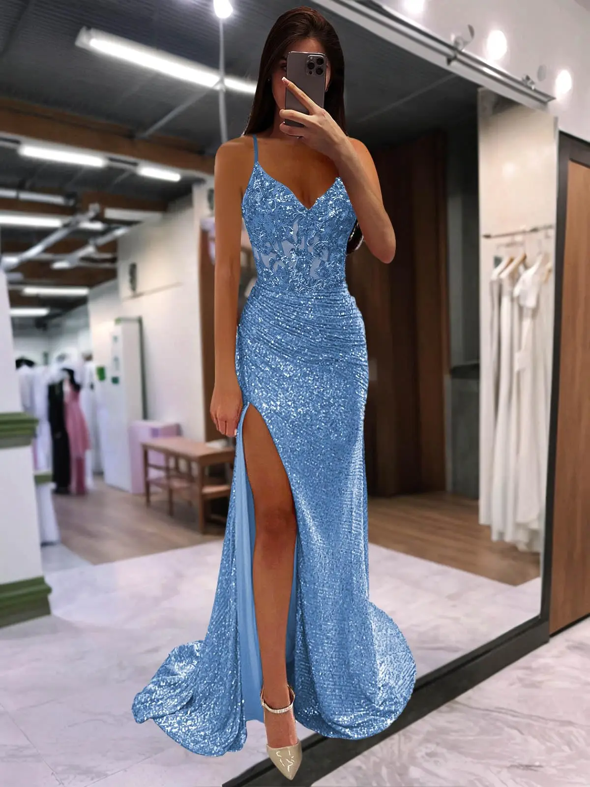 Customized Women's Sequin Long Prom Dresses With Slit V Neck Mermaid Long Ball Gown Ruched Sparkly Appliques Formal Evening Gown
Customized Women's Sequin Long Prom Dresses With Slit V Neck Mermaid Long Ball Gown Ruched Sparkly Appliques Formal Evening Gown